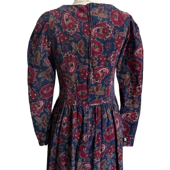 80s Vintage Laura Ashley Dress Corduroy Floral Paisley Puff Long Sleeve Maxi. - Picture 8 of 9